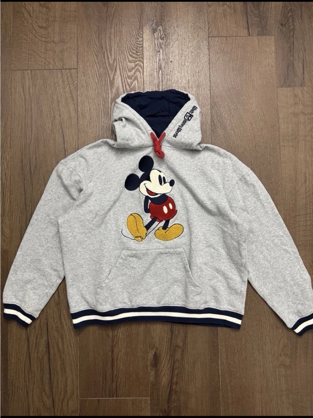 Disney Gray Mickey Mouse Pullover Hoodie with Red, Yellow & Navy Accents